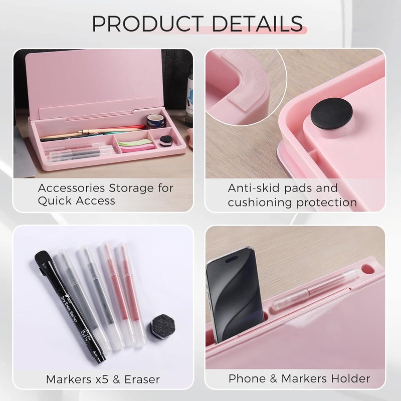 TOWON Small Compact Glass Desktop Whiteboard with Storage – 12 x 7 in Dry Erase Board for Desk, Home Office, School | Includes 5 Markers, Eraser & Holder | Space-Saving Organizer, Aesthetic Pink - Image 3